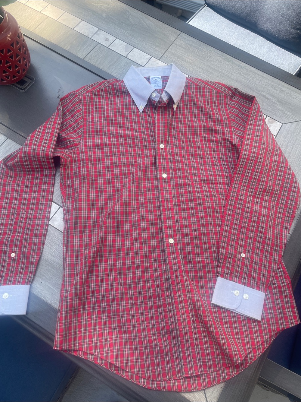 Brooks Brothers Red Plaid Button-Down Shirt with White Contrast Collar